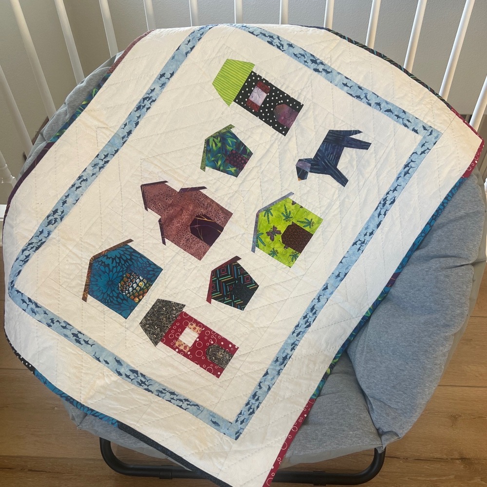 Handmade Quilted Wall Hanging Small Blanket Colorful Houses‎ Dog Shark Border